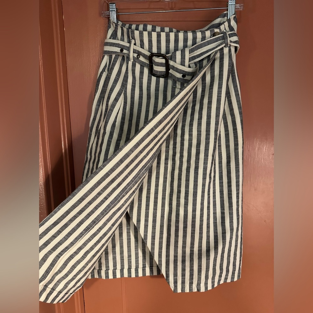 Anthropologie Navy and White Striped Midi Skirt